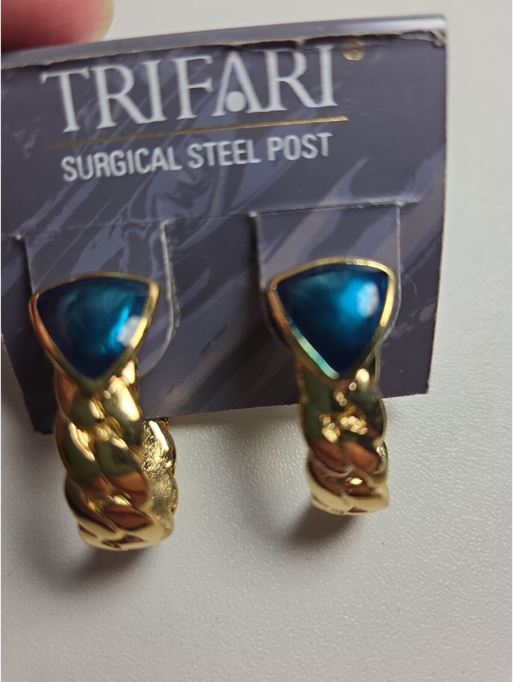 Vintage Trifari Earrings NOS New Old Stock Aqua Gold Tone Half Hoop